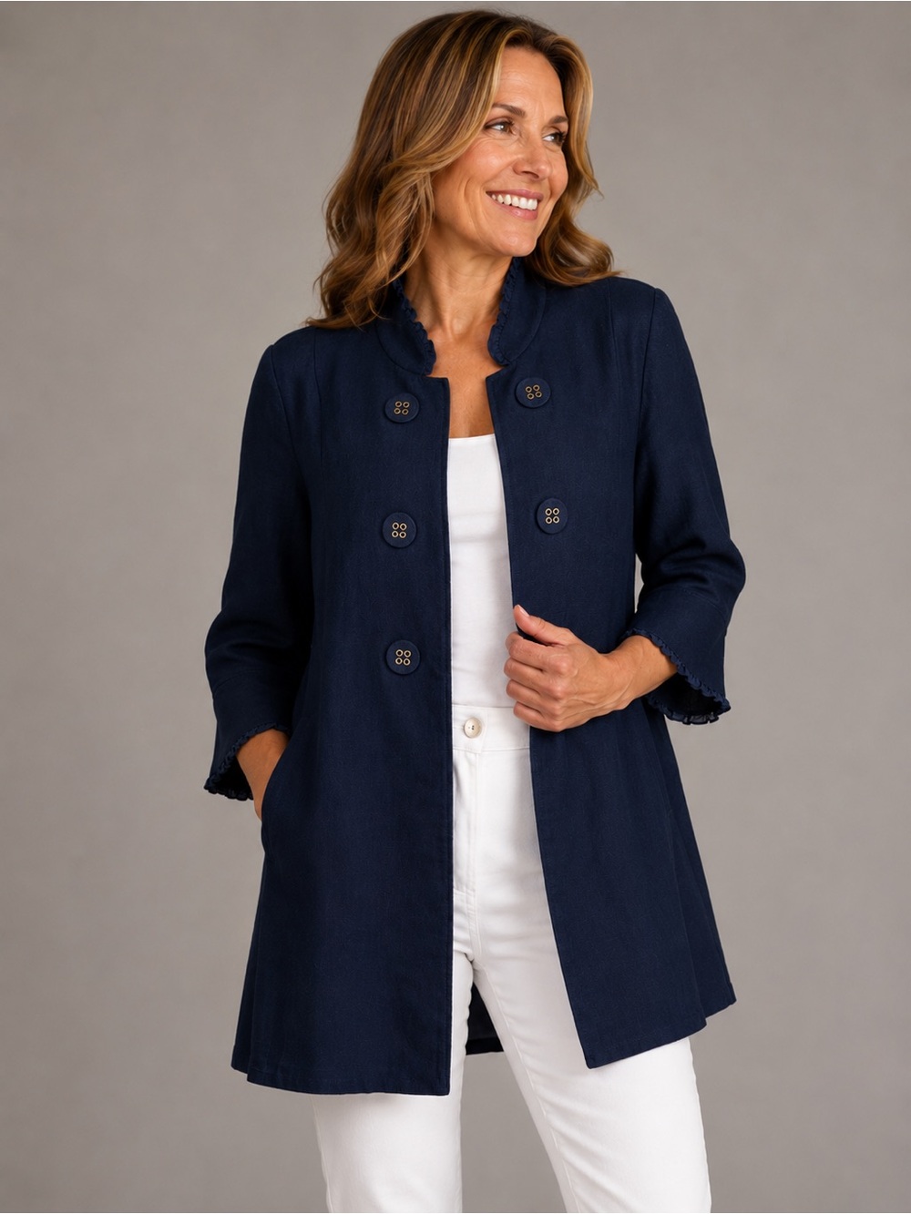 Multiples NWOT Navy Blue Linen Blend Nautical Button Open Front Blazer Jacket 1X